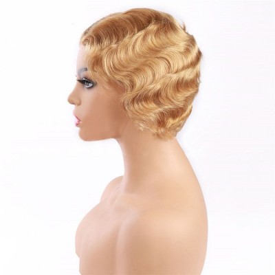 whosale vindors short curly100% human wigs ,  finger wave 100% brazilian human hair pixie short wigs for black women