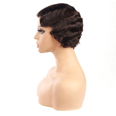 short curly red wigs,finger wave brazilian human hair ,pixie short wigs Cuticle Aligned Hair Wavy Wig