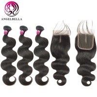 Angelbella Brazilian Hair 3 Bundles With Closure Body Wave Human Hair Bundles With Closure