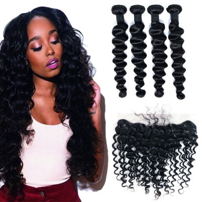 wholesale 10a loose deep wave peruvian bundles with 13*4 Frontal  .100% brazilian human hair dropshipping