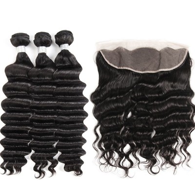 Brazilian Malaysian Peruvian Virgin Hair Weaves 3 Bundles with Lace Frontal Loose Deep Wave 8A Indian Cambodian Remy Human Hair