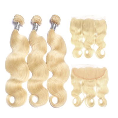 8a Brazilian Virgin Hair 613 Blond 3 Bundles with Frontal Closure Top Lace Frontal and Bundles body wave Hair