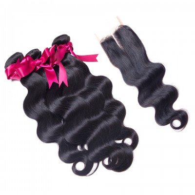 10A Peruvian Virgin Hair With Closure Body Wave With closure 3/4 Bundles Peruvian Body Wave Human Hair With Closure