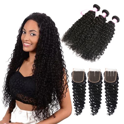 3 Bundles Human Virgin Deep wave Brazilian Hair With Deep wave Brazilian Hair Lace Frontal Closure DHL Free Shipping