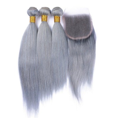 Silver Gray Human Hair Virgin Brazilian Hair Weaves 3 Bundles with Closure Straight Colored Grey Human Hair Bundle