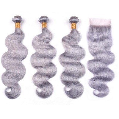 9A Grade Silver Gray Human Hair Virgin Brazilian Hair Weaves 3 Bundles with Closure body wave Colored Grey Human Hair Bundle