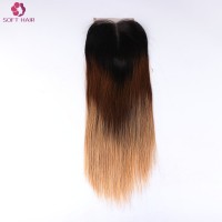 Ombre Human Hair Straight Lace Closures 2 Tone 1B/4/27 Brazilian Straight Hair Pre-Colored Lace Closures with Bundles